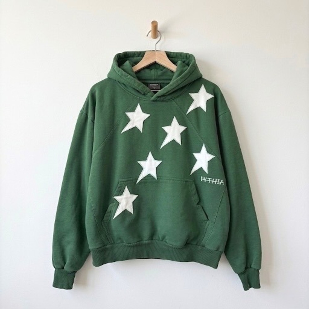 Pythia Peripheral Star Applique Pullover Hoodie Mens Large‎ Green Streetwear